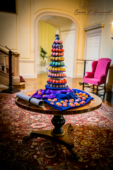 The groom made this spectacular colourful macaroon tower for the guests to marvel over