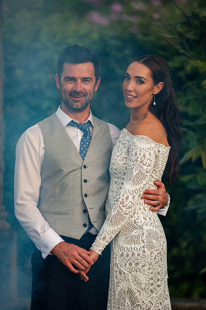Portrait of the bride and groom in the gardens of the Ballyseede castle hotel in Tralee.