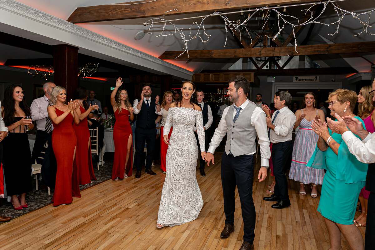 Bride and groom make their entrance to the dancefoor at their wedding afterparty at the Ballyseede hotel, Tralee.
