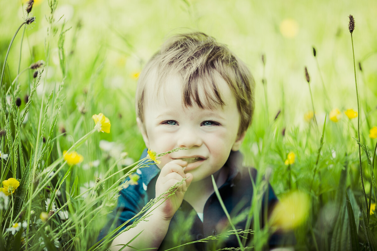 Close up portrait of a little boy smiling at the camera sitting amongst the grass and flowers of a Dublin park.