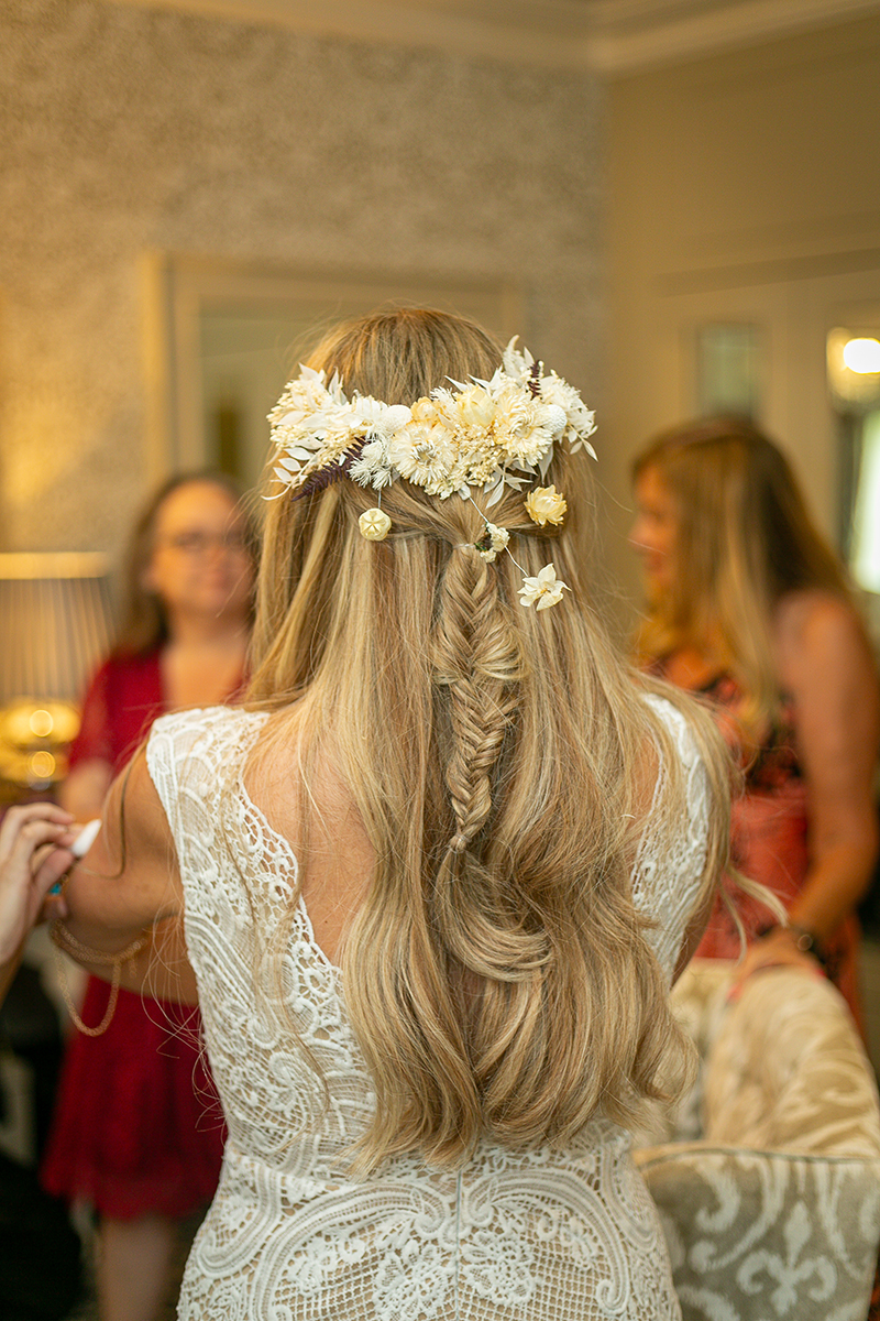 Close up shot of the floral bridal style hairstyle for a wedding vow renewal at Ballyseede castle,Tralee.